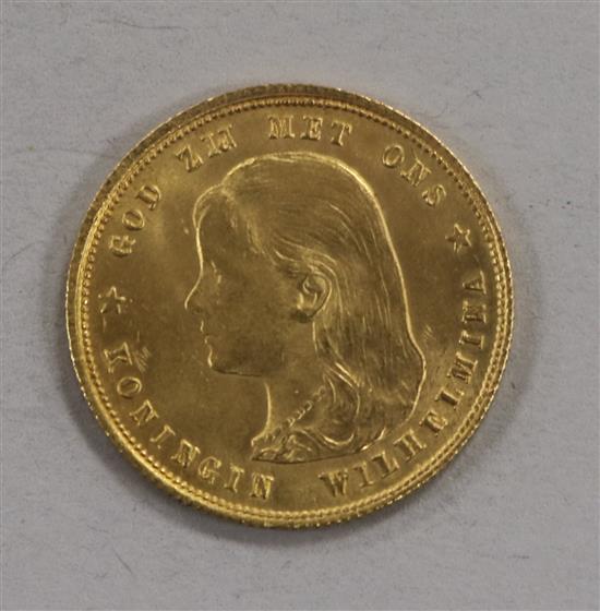 A Dutch Ten Gulden gold coin, 1897, 6.7g, AUNC